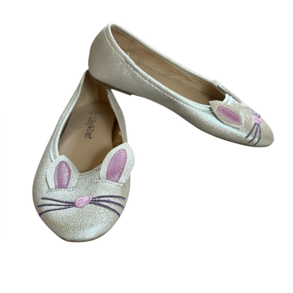 Silver Metallic Bunny Ballet Flats with Pink Ears Little Girl Size 13